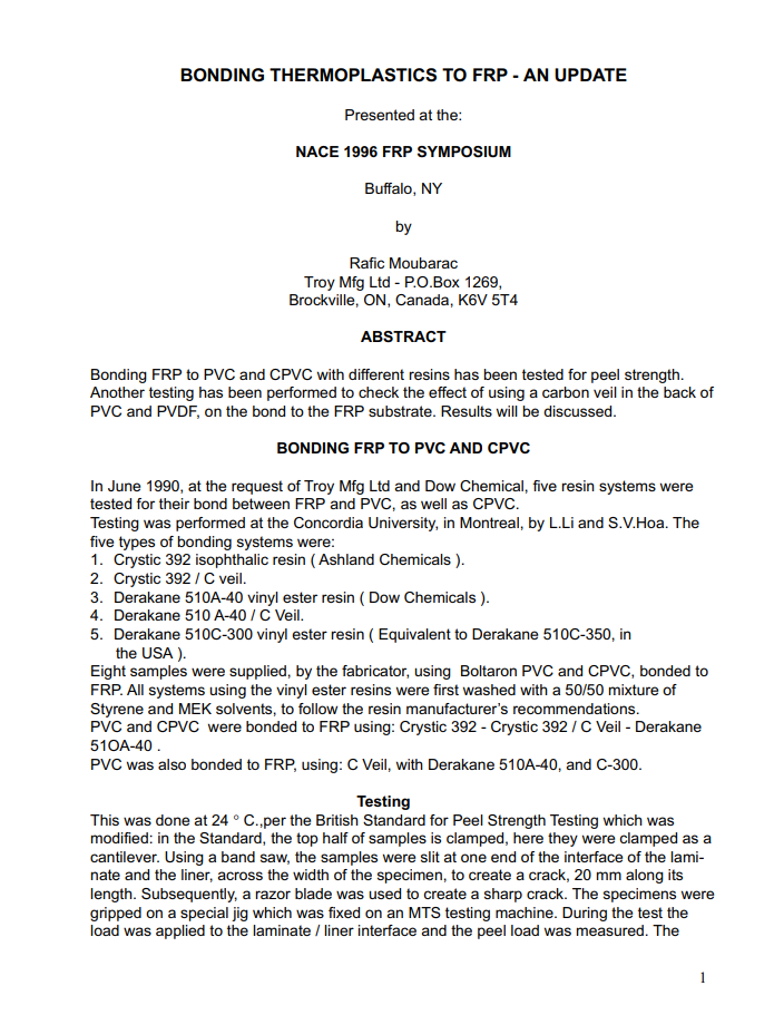 Bonding FRP to Thermoplastics, an Update Bonding FRP to Thermoplastics, an Update